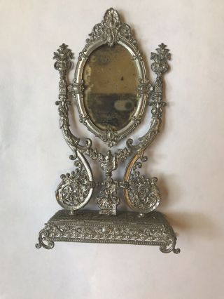 Antique Dollhouse Miniature Mirror Large Soft Silver Metal On Stand