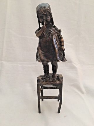 Juan Clara Bronze Statue Little Girl Standing On Stool Holding Shoe 12 " T Vtg