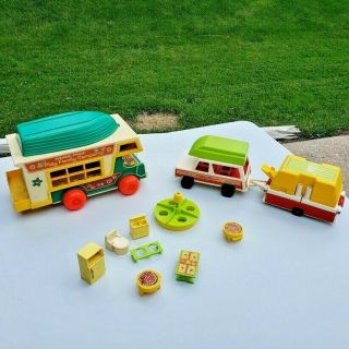 Wow Vintage Fisher Price Little People Rv & Pop - Up Camper & Jeep,  Accessories