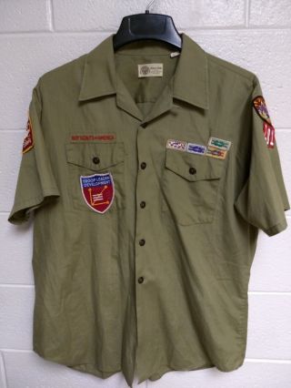 Vtg Boy Scouts Of America Short Sleeve Mens Various Patches Vintage Olive Green