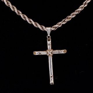 Vtg Sterling Silver - Mexico Cross Religious Pendant 24.  25 " Chain Necklace - 24g
