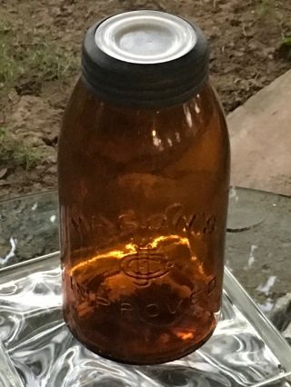 Antique/vintage Masons Monogram Improved Fruit Jar Amber Milkglass Lid