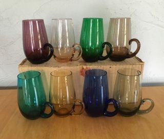 Vintage Italian Colored Glasses 8 Jewel Tone Highball Mugs W/handles Italy Made