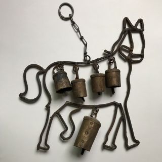 Vintage Horse Wind Chime With 5 Bells Hanging Brass & Wrought Iron