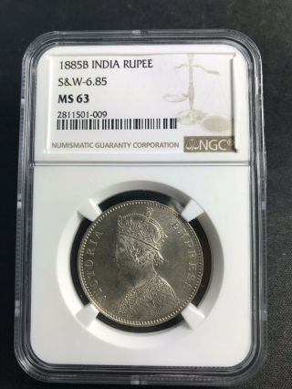 British India 1885 Bombay Silver Rupee B Raised Ngc Ms 63 Gem Rare