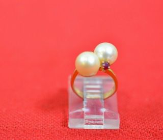 Vintage 14k Yellow Gold Pearl Ruby Cocktail Ring Size 2 Petite Signed Retro 900