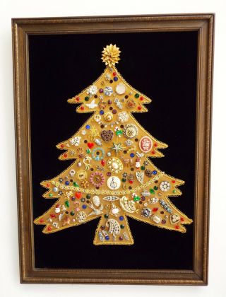 Jewel Christmas Tree Bedazzled Framed Wall Art 26 X19 Vintage Jewelry Kitsch