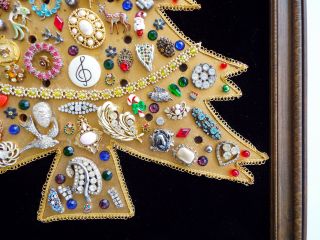 Jewel Christmas Tree Bedazzled Framed Wall Art 26 x19 Vintage Jewelry Kitsch 5