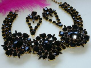 1960s Dark Black Omg Necklace Set Bib Vintage Glass Signed Bijoux Mg F217