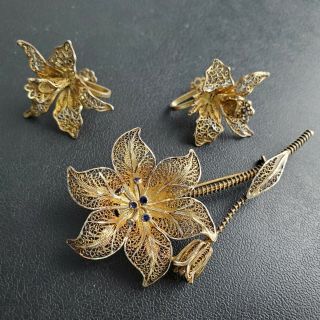 Sign Balron Sterling Silver Gold Plated Filigree Flower Brooch Earrings Set T112