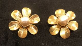 Vintage Signed Miriam Haskell Flower & Faux Pearl Earrings Clip On