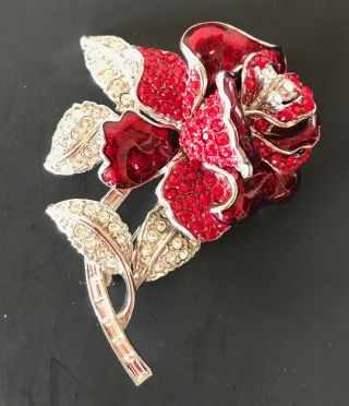 Nolan Miller Red Rose Brooch Pin Rhinestone Jeweled Silver Toned Signed Flower