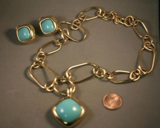 Vtg Joan Rivers Gold Tone Faux Turquoise Necklace & Earrings Set