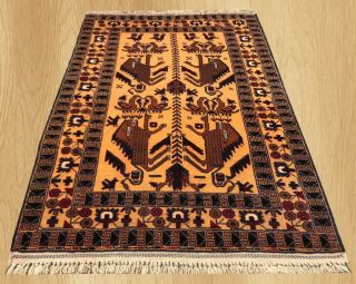 Hand Knotted Vintage Afghan Zakani Balouch Pictorial Wool Area Rug 4 X 3 Ft