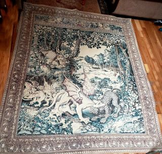 Vintage Style Tapestry - Belgum 71 " X 82 " Pochoir Verdure Aux Animaux Gobelins