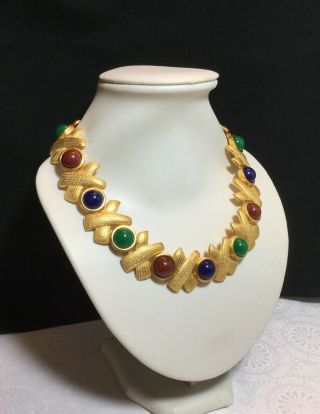 80s Necklace Etruscan Faux Gripoix Paloma Style X Link Textured Matte Gold Pl