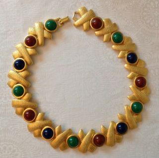 80s Necklace Etruscan Faux Gripoix Paloma Style X Link Textured Matte Gold Pl 2