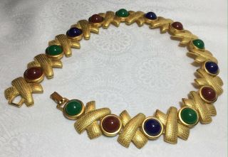 80s Necklace Etruscan Faux Gripoix Paloma Style X Link Textured Matte Gold Pl 6