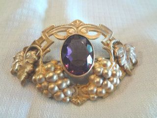 Fabulous Antique Victorian Large Sash Pin With Amethyst Glass Stone