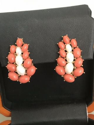 Vintage Signed Crown Trifari Faux Pearl Coral Bead Clip On Earrings