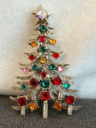 Vintage Hollycraft Signed Multi Color Rhinestone Christmas Tree Brooch Pin