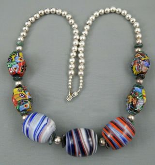 Vintage Venetian Millefiori Glass African Trade Bead Sterling Balls Necklace