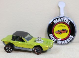 Vintage 1968 Mattel Redline Hot Wheels Us Anti Freeze Python W/ Badge Pin