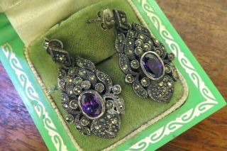 Vintage Sterling Silver Authentic Art Deco Antique Amethyst Marcasite Earrings