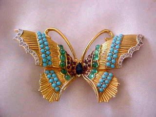 Vintage Signed Jomaz Multi - Colored Rhinestones & Bead Butterfly Pin