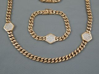 2 Pc Vintage Signed Panetta Pave Rhinestone Curb Link Necklace Bracelet Set