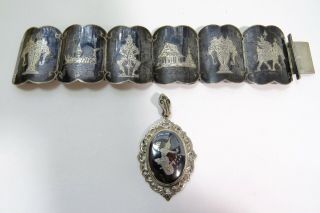 Vintage Siam Sterling — Silver Niello Cuff Bracelet & Pendant Locket