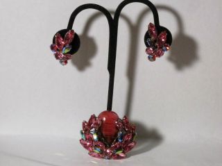 Vintage Signed Regency Pink & A/b Rhinestone Cabochon Pin & Earrings Demi - Parure