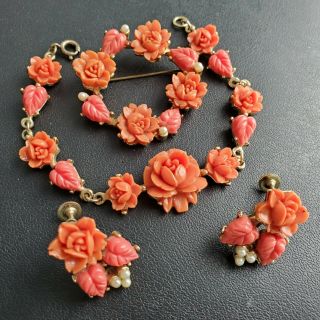 Vintage Coral Lucite Flower Seed Pearl Bracelet Brooch Pin & Earrings Set T114