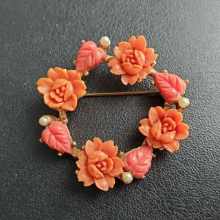 Vintage Coral Lucite Flower Seed Pearl Bracelet Brooch Pin & Earrings SET T114 2