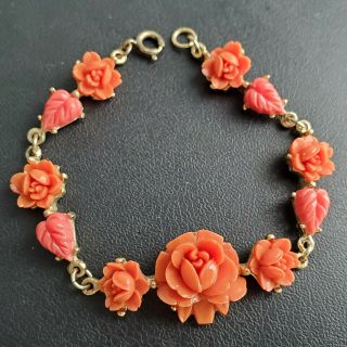 Vintage Coral Lucite Flower Seed Pearl Bracelet Brooch Pin & Earrings SET T114 4