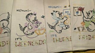 7 Vintage Stitched Linen Days Of The Week Kitchen Towels,  Kitten