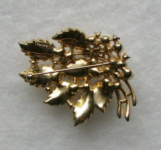 Trifari Large Golden Leaf & Pearl & Rhinestone Pin Vintage 2
