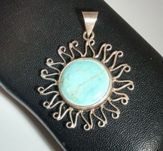 2 1/8 " Vtg Sterling Silver Blue Turquoise Sun / Sunshine Necklace Pendant Mexico