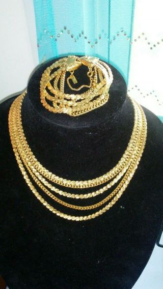Vintage Monet Gold Tone Multi Chain Necklace & Bracelet
