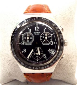 Vintage Swatch Irony 4 Jewels Chronograph Leather Strap Quartz Wristwatch - K20