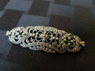 Antique Art Deco Sterling Silver Marcasite Long Brooch Pin