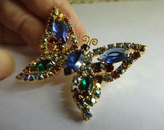 Vintage 60s? Sapphire Blue,  Emerald Green Rhinestone Butterfly Pin Brooch