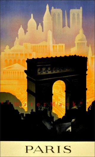 Paris France 1930 Arc De Triomphe Vintage Poster Print Retro Style Travel Art