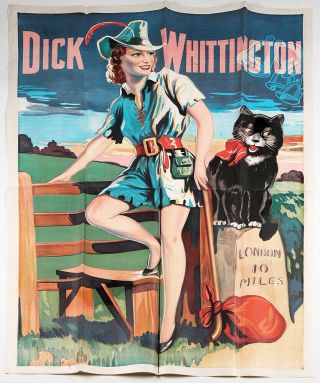 Antique 1930s Dick Whittington Stone Lithography Giant Theater Pin - Up Poster