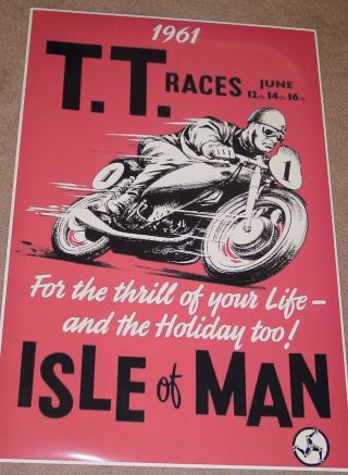 Vintage 1961 Isle Of Man Tt Races Motorcycle Racing Poster Print 36x24 9mil