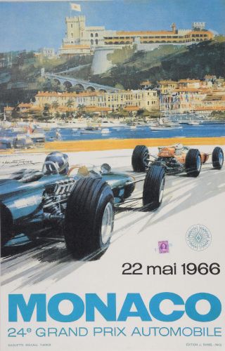 Vintage 1966 Monaco Grand Prix Auto Racing Poster Print 36x23 9mil Paper