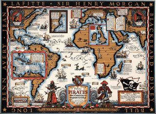 Map Famous Pirates Buccaneers Freebooters Buried Treasure Poster Wall Art Print