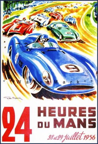 French Car Racing 24 Hours Le Mans 1956 Vintage Poster Print Retro Style Car Art