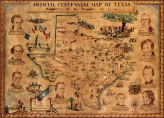 Vintage Pictorial Centennial Map Of Texas Revolution Historic Wall Art Poster