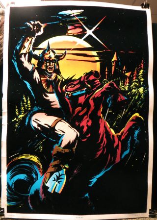 Knight Barbarian Warrior W/axe On Horse Flocked Blacklight Poster 1984 Cc Sales